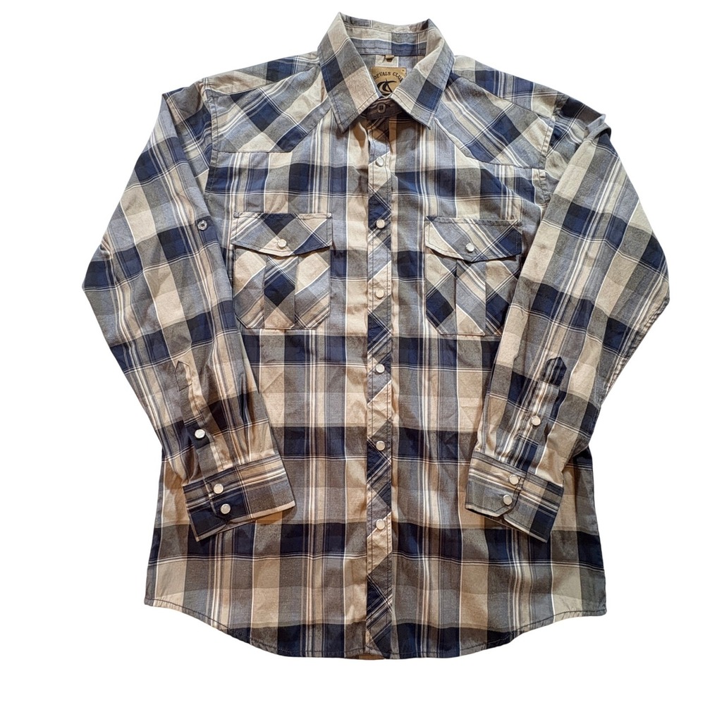 Coevals Club Western Pearl Snap Shirt Mens Medium Blue Plaid Long Sleeve Cowboy